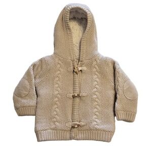 Brioche‎ 9M Beige Knit Hooded Cardigan Sweater Cable Toggle Closure Baby